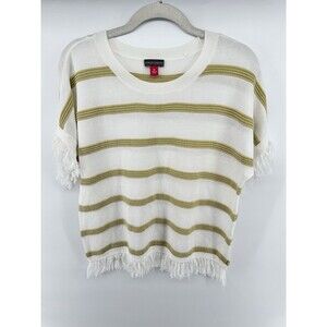 Vince Camuto Pearl Ivory Striped Fringe Trim T-shirt Blouse Size M